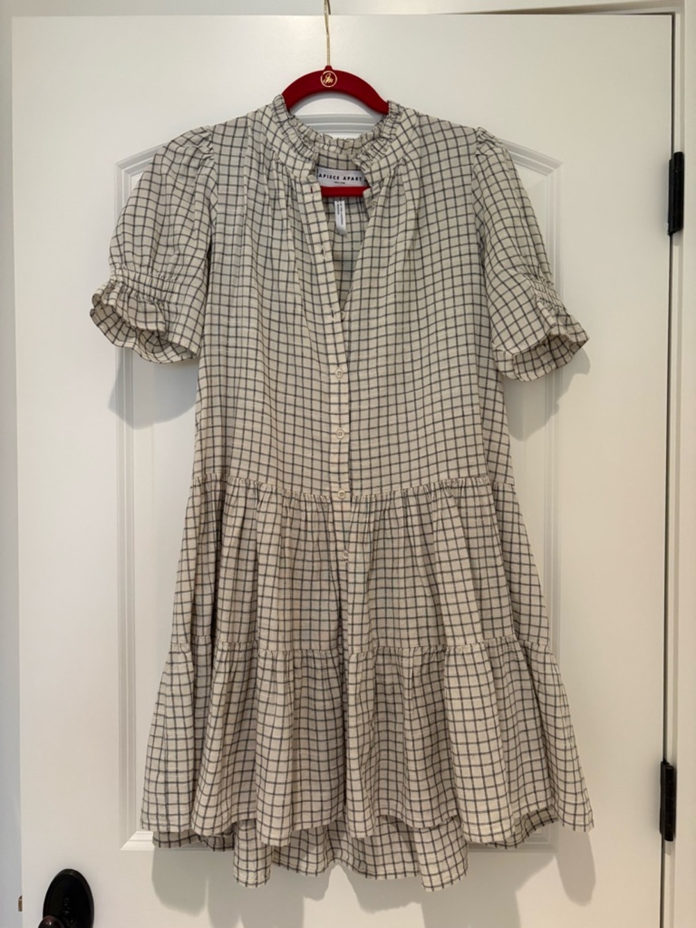 Apiece Apart Cream and Black Check Tiered Button Dress